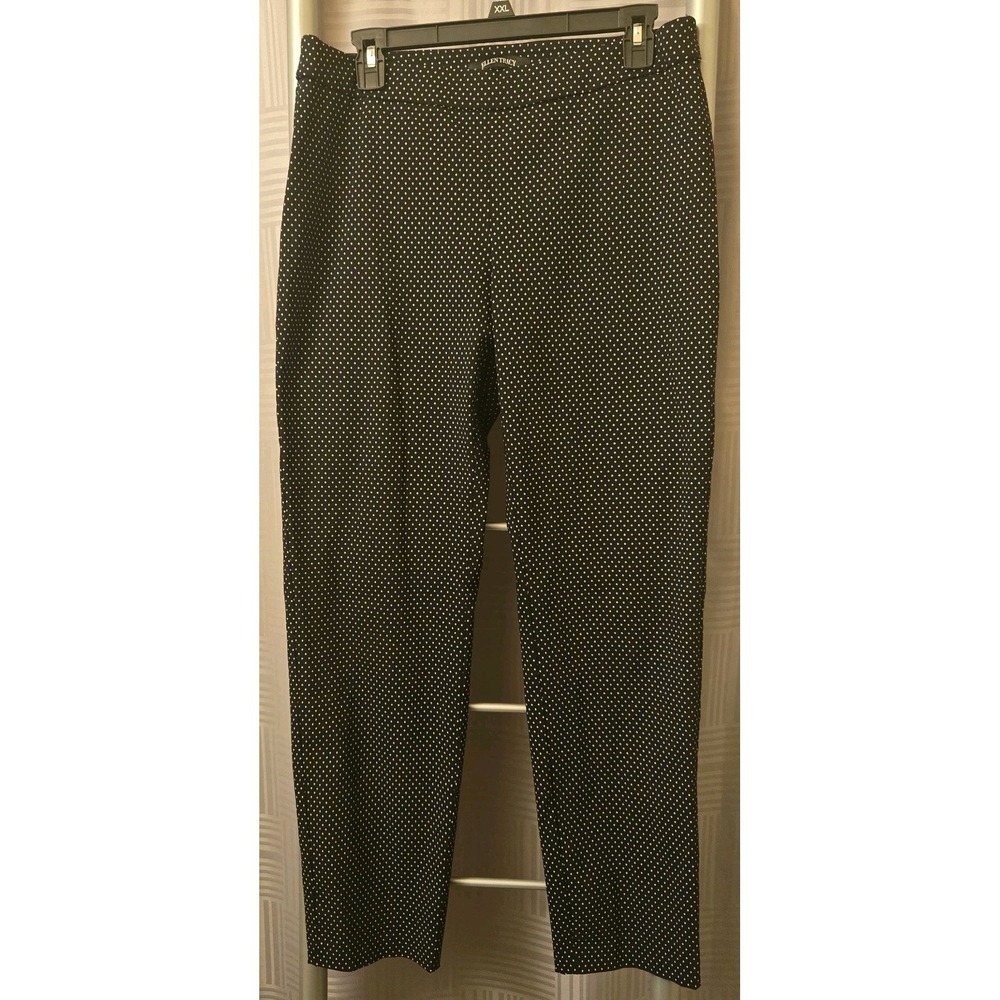 ELLEN TRACY Women's Pull On Dress Pants Med Black Polka Dot Slacks Stretchy